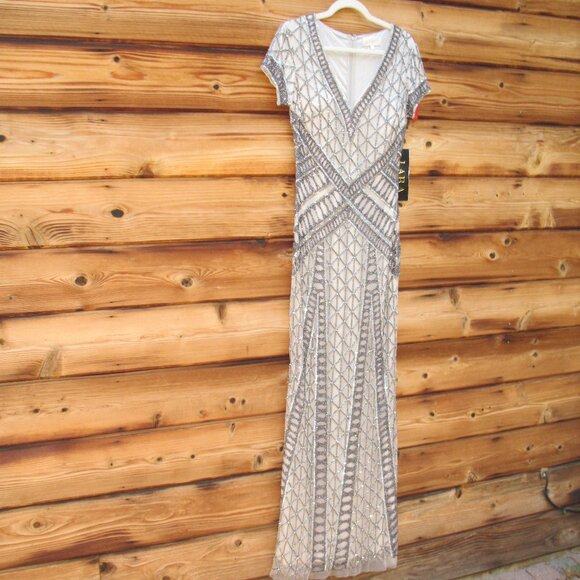 LARA  Beaded V  Neck Neckline Dress Gown Cap Sleeves - Picture 5 of 13